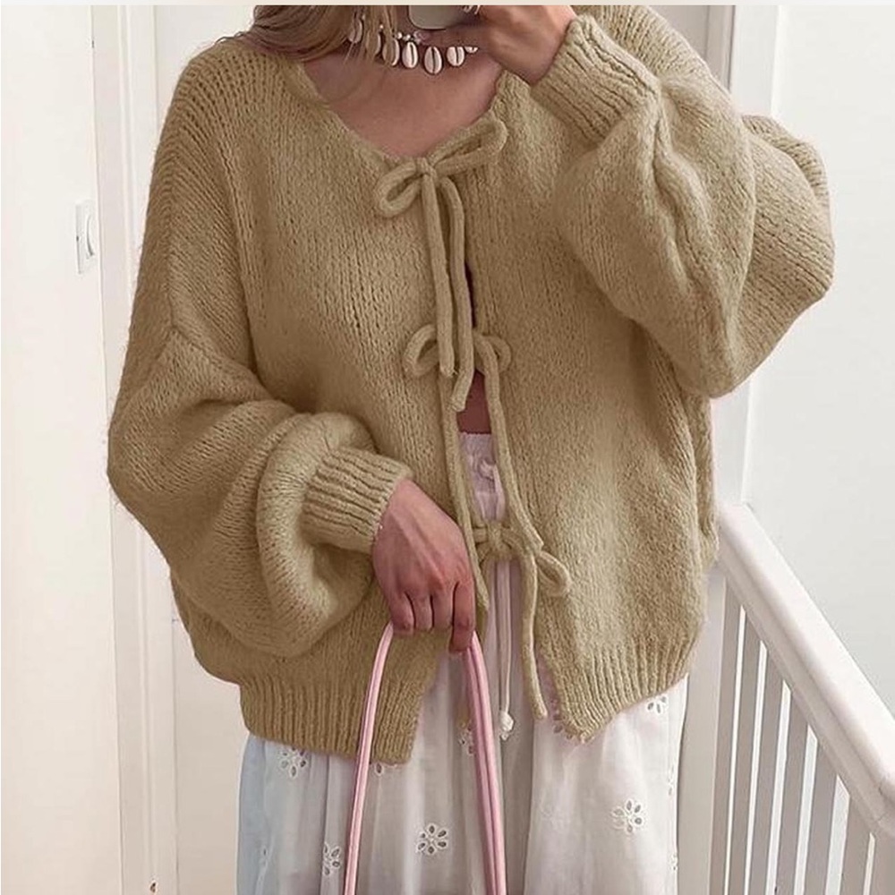 Beige Bow Tie Knit Cardigan Sweater